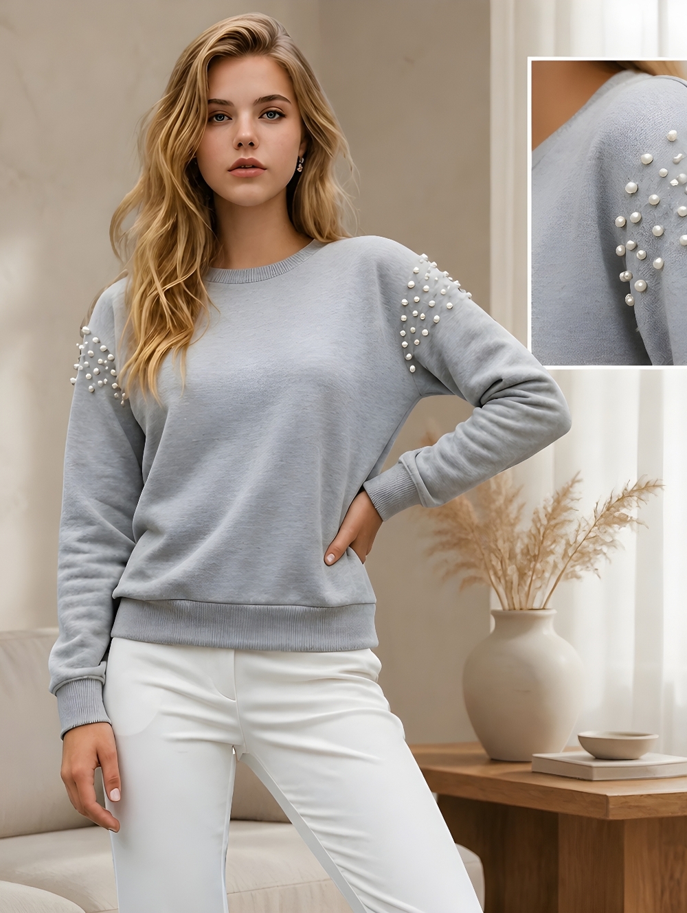 Ultra Flirt Pearl Shoulder Dropped Sleeve Sweatshirt Small Heather Gray